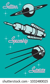 Retro Style Space Race Graphic Design Elements.
Set of three vector illustrations of iconic space exploration elements including the planet saturn, a satellite and a space rocket.