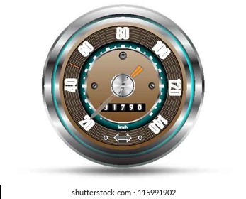 Retro style speedometer, with silver/chrome frame, isolated on white background, vector