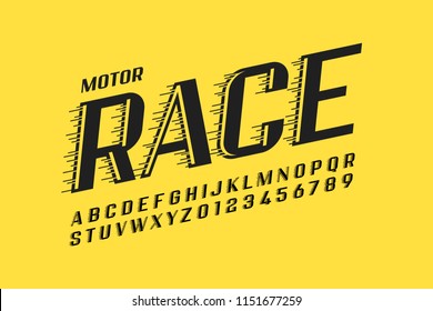 Retro style speedy typfeface, alphabet letters and numbers, vector illustration