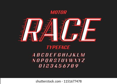 Retro style speedy typfeface, alphabet letters and numbers, vector illustration
