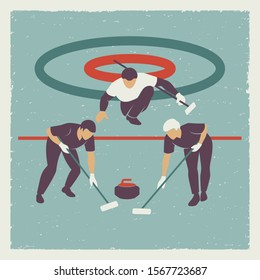 Retro style sport card with male team playing curling on ice
