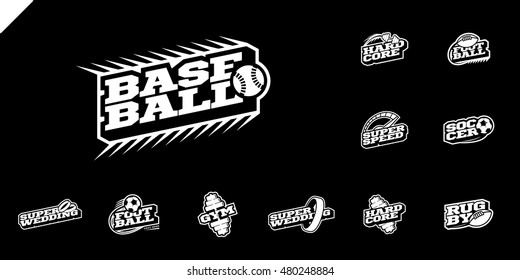 Retro Style Sport Logo Set. Soccer, Baseball, Rugby, Football, Gym Emblem And Wedding Text Logotype. One Color Style White On Black Background