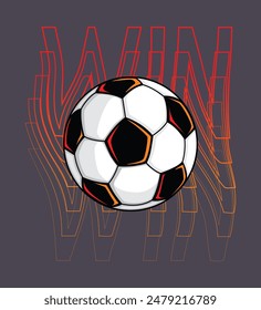 Retro style sport vector print with soccer ball on grey background and linear text Win. Soccer ball poster. Football emblem and digital text logotype.