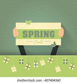 Retro Style Spring Sale Flat Background and Green Web Banner Vector Design. Signboard Hold Hand Illustration