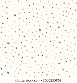 Retro style star seamless Pattern with scattered colorful elements. Playful stars confetti background. Great for kids products, party invitations, textile print, packaging, cover, Birthday design