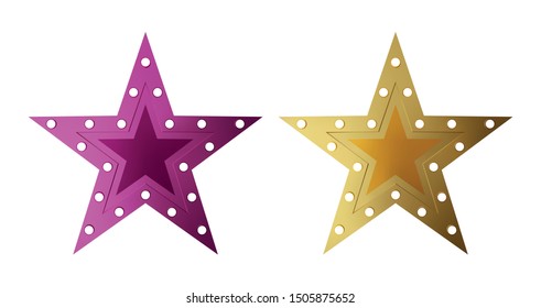 Retro style star shape light sign set. Golden and purple vintage banner with copy space. Vector illustration