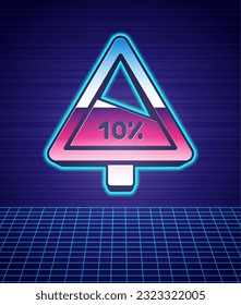 Estilo retro Icono de carretera de advertencia de ascenso pronunciado y descenso pronunciado aislado paisaje futurista de fondo. Reglas de tráfico y conducción segura. Fiesta de moda de los años 80. Vector