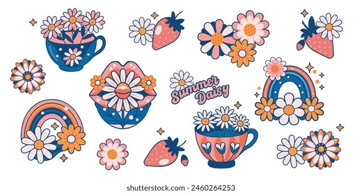 Retro style sticker set daisy and rainbow