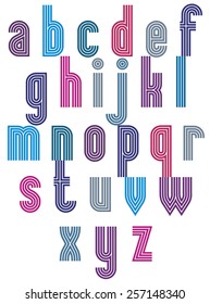 Retro style striped font, trendy geometric letters vector alphabet. Lowercase letters set. Vector.