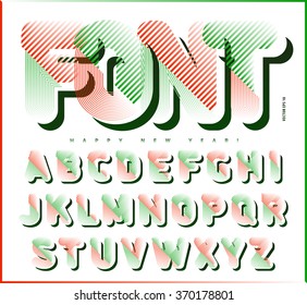 Retro style striped font, vintage alphabet. Two-color letters with slanted lines and flat shadows. Best to use for Christmas posters, X-mas cards, headlines and titles. Vector design elements.