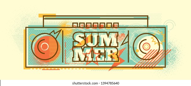 Retro style summer banner design with boom box and typography. Vector illustration.