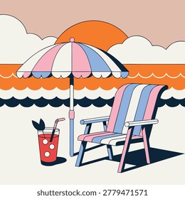 Retro style summer beach illustration with deck chair umbrella and cold cocktail at sunset