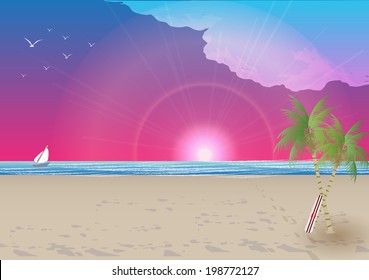 Retro Style Summer Beach Sunset Background - Vector Illustration