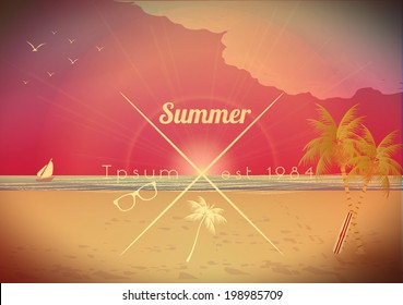 Retro Style Summer Beach Sunset Background - Vector Illustration