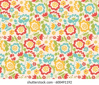 Retro style summer flower seamless pattern in pastel color. Floral folk style simple design for greeting cards, fabrick, background, wrapping paper. Stylish floral card in bright colors.