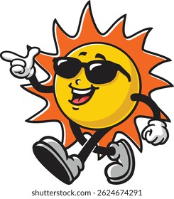 Retro style sun character cartoon wearing sunglasses