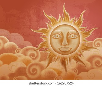 Retro style sun and clouds illustration