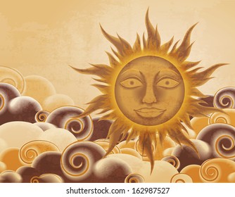 Retro style sun and clouds illustration