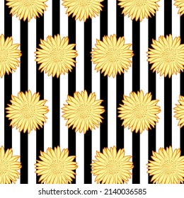 Retro style sunflower seamless pattern with black stripes. Abstract floral botanical fabric print template. Wallpaper vector design illustration. Summer graphic outline drawing texture.