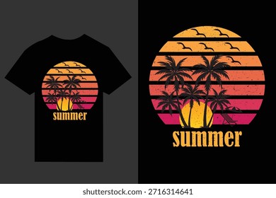 Gráfico de puesta de sol de estilo retro con silueta de palmeras contra un horizonte rayado y colorido, perfecto para imprimir camisetas de vacaciones de verano o proyectos de Diseño gráfico. El diseño se presenta en un bol