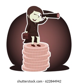 retro style super businesswoman using binocular on top of coins