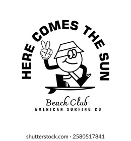 Retro style surf club vector badges featuring ocean waves, and sunsets. Perfect for t-shirt designs, logos, and coastal branding, evoking the California surf 