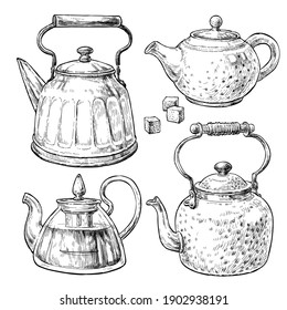 Retro style tea pots set. Hand drawn vintage vector elements in engraving style.