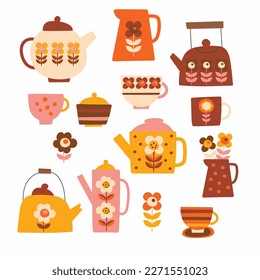A retro style tea set, vintage colour palette.
Tea pots, cups and saucers, flowers and cupcakes vector illustrations.
Perfect for mothers day.