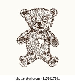 Retro style teddy bear with heart shaped patch, hand drawn doodle sketch, isolated vector outline illustration