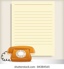 Retro style telephone with blank note page on background. Vector illustration.