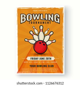 Retro style template or flyer design on white background for Bowling tournament concept.