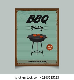 Retro Style Template Or Flyer Design With Charcoal Grill For BBQ Party.