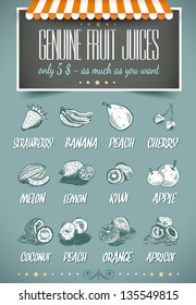 Retro style template for genuine fruit juices menu - coconut,cherry,apple,peach,strawberry and more.