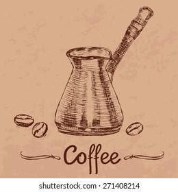 Retro style template with hand drawn turk coffee pot