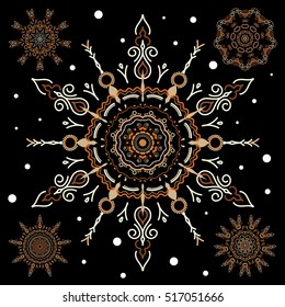 Retro style texture, abstract winter element, doodles. Modern abstract design poster, cover, card design in brown colors. Trendy stylized snowflakes set and elements memphis cards.