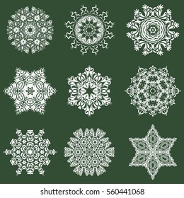 Retro style texture, abstract winter element, doodles. Modern abstract design poster, cover, card design on green background. Trendy stylized snowflakes set and elements memphis cards.