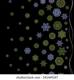 Retro style texture, pattern and abstract winter elements. Modern abstract design poster, cover, card design in green and blue colors. Trendy stylized snowflakes and elements memphis cards.