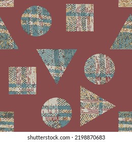 Retro style texture, pattern and geometric elements. Modern abstract design poster, cover, card design. Triangle, circle and square shape geometric pattern on red background.