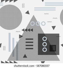 Retro style texture, seamless pattern in vector. Geometric abstract background. Popular memphis trendy art in black, gray, white colors. Design for hipster poster, card, invitation.