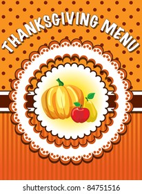 Plantilla de menú de Acción de Gracias de estilo retro con calabaza y fruta. Formato vectorial EPS10