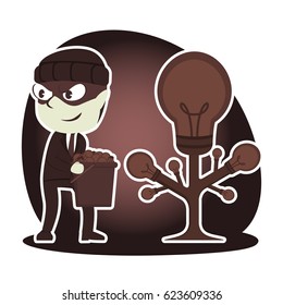 retro style thief businessman harvesting ideas from someone else idea tree