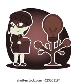 retro style thief businesswoman harvesting ideas from someone else idea tree