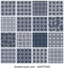 Retro style tiles seamless patterns set, vector backgrounds, monochrome collection of 16 examples.
