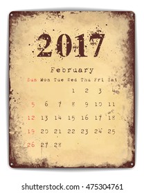 A retro style tin and enamel signboard with monthly calendar for February 2017. EPS10 vector format. 