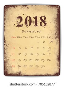 A retro style tin and enamel signboard with monthly calendar for November 2018. EPS10 vector format. 