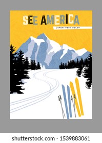 Retro style travel poster design for the United States.  Downhill skiing in the mountains. Limited colors, no gradients. Vector illustration.