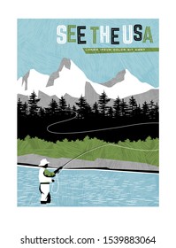 Retro Style Travel Poster Design For The United States.  Man Fly Fishing In Stream With Mountain Backdrop. Limited Colors, No Gradients, Texture Overlay. Vector Illustration.