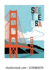 Retro style travel poster design for the United States   Scenic image Golden Gate Bridge  Limited colors  no gradients   Vector illustration 