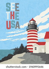 Retro style travel poster design for the United States.  Scenic image of a lighthouse on the coast. Limited colors, no gradients.  Vector illustration.