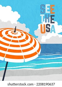 Retro style travel poster design for the United States. Beach with striped umbrella and ocean waves. Limited colors, no gradients, texture overlay. Vector illustration.